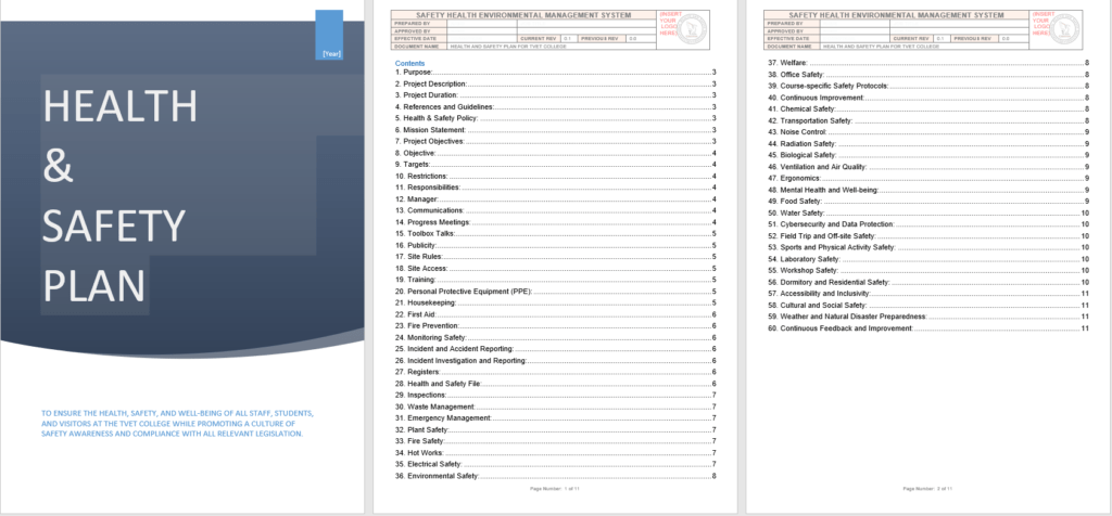 TVET Health and Safety Plan example